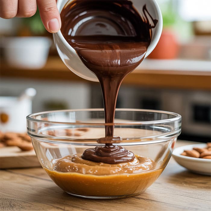 Melted chocolate being poured into the almond butter and honey mixture, ready to be stirred.