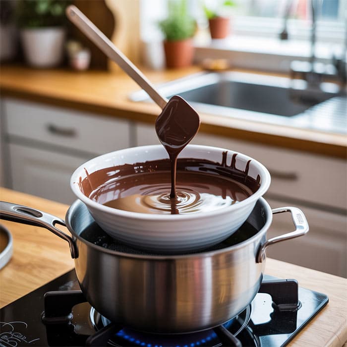 Melted dark chocolate in a heatproof bowl over simmering water, ready to be combined with almond butter."