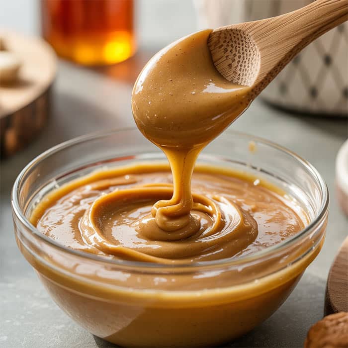 Creamy almond butter and honey being mixed together in a bowl to create a smooth, thick texture.