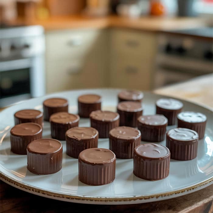 Finished chocolate almond butter bites arranged on a plate, ready to be served.