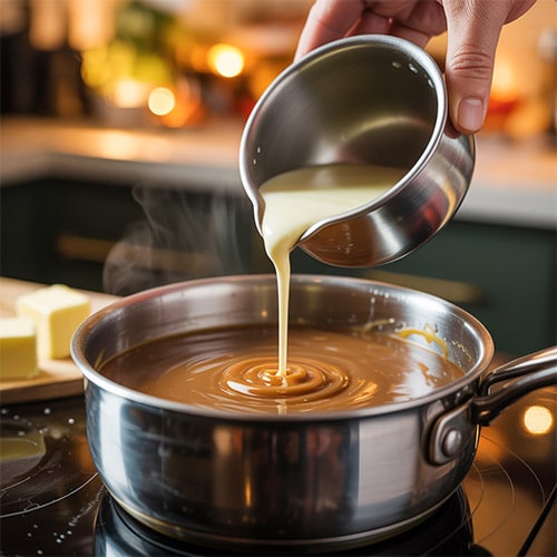 A hand pouring heavy cream into a saucepan with caramel, causing it to bubble up, with butter cubes ready to be added.