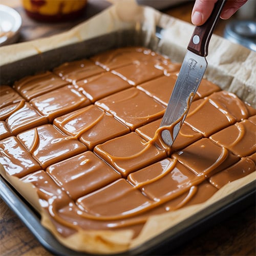 A baking dish with set caramel cooling, and a sharp knife cutting through the soft, sticky caramel.