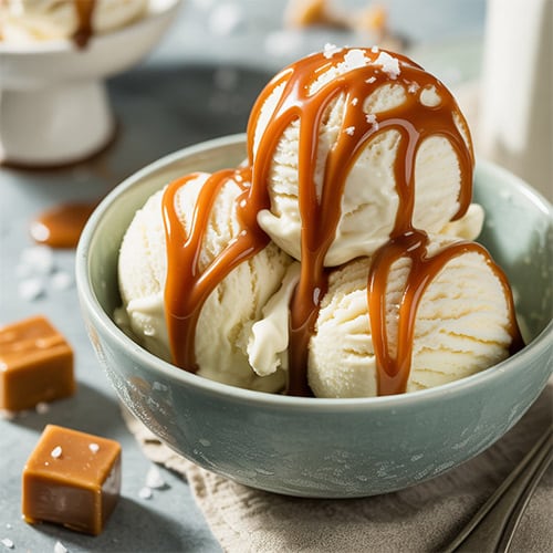 A bowl of vanilla ice cream with drizzled homemade caramel, garnished with a pinch of sea salt.