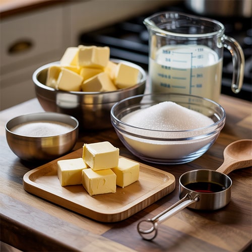 Close-up of butter, sugar, heavy cream, and vanilla extract neatly arranged on a kitchen countertop, ready to be used for making caramel candy.