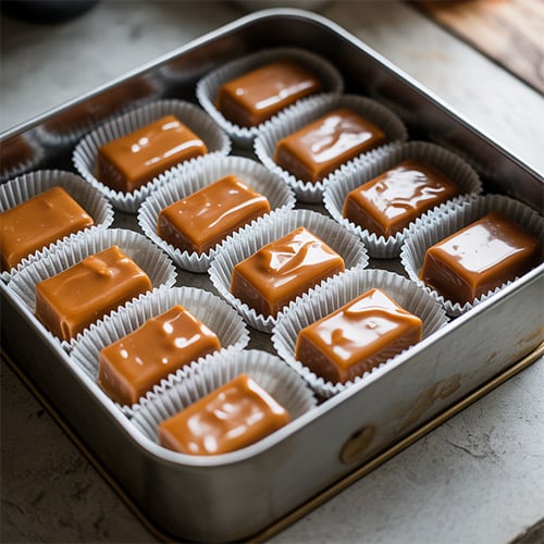 Wrapped caramel pieces in wax paper stored in an airtight container on a countertop.
